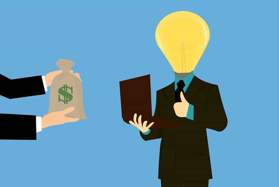 a lightbulb man with a laptop receiving money